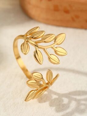 Gold Leaf Adjustable Open Ring - Elegant Women's Jewelry